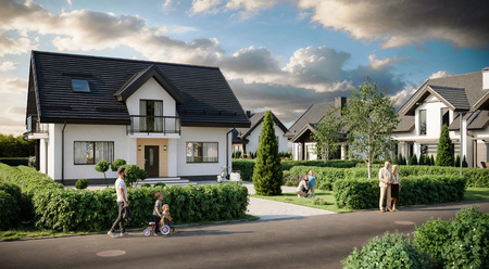 Simbolična fotografija (render) stanovanjske hiše na eni izmed parcel. 
