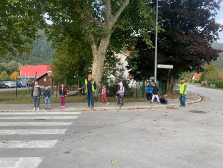 Skupina otrok in spremljevalka na poti v šolo - Pešbus
