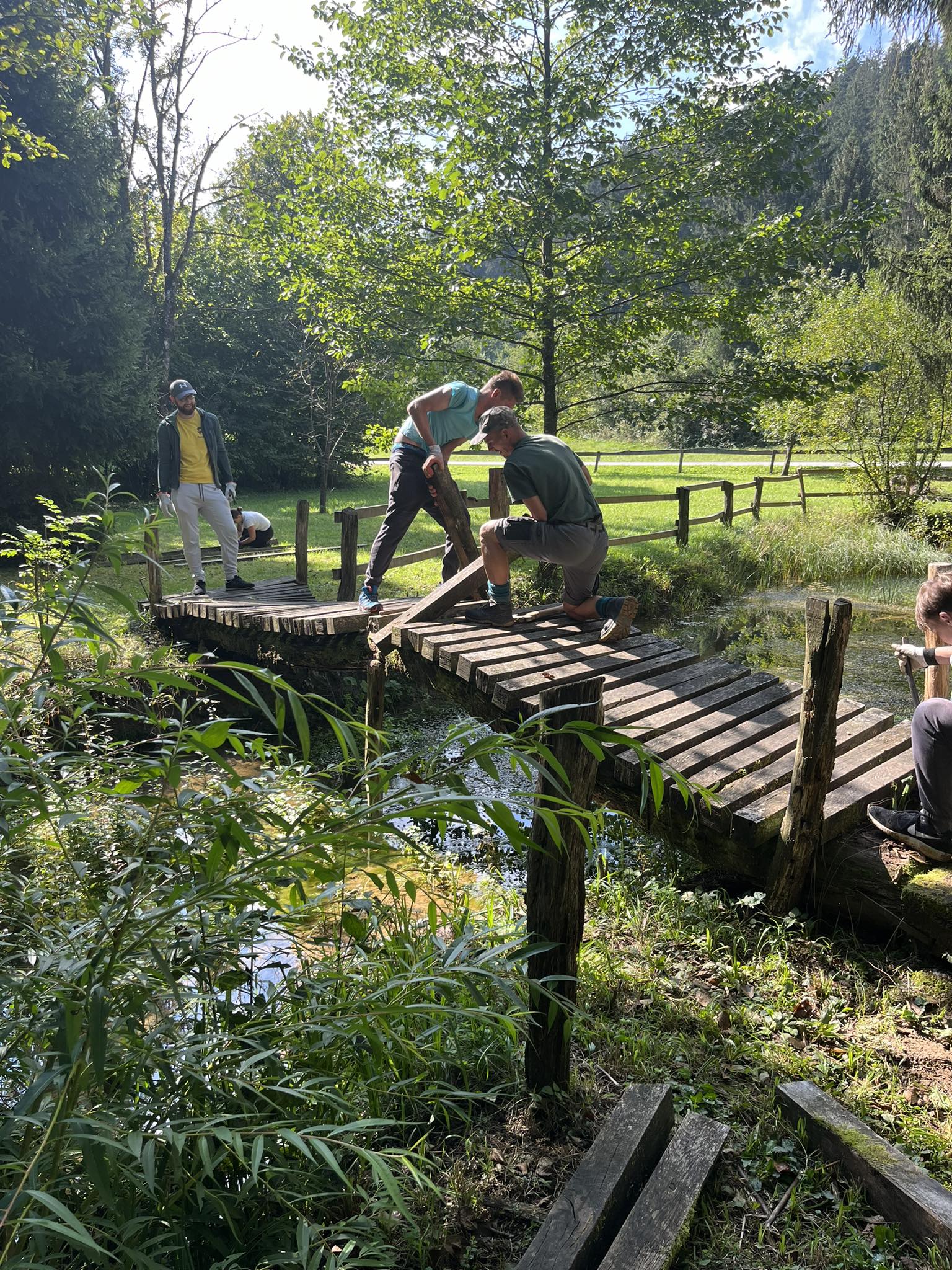 Delovna akcija v Slovenski vasi - dve osebi delata lesen most